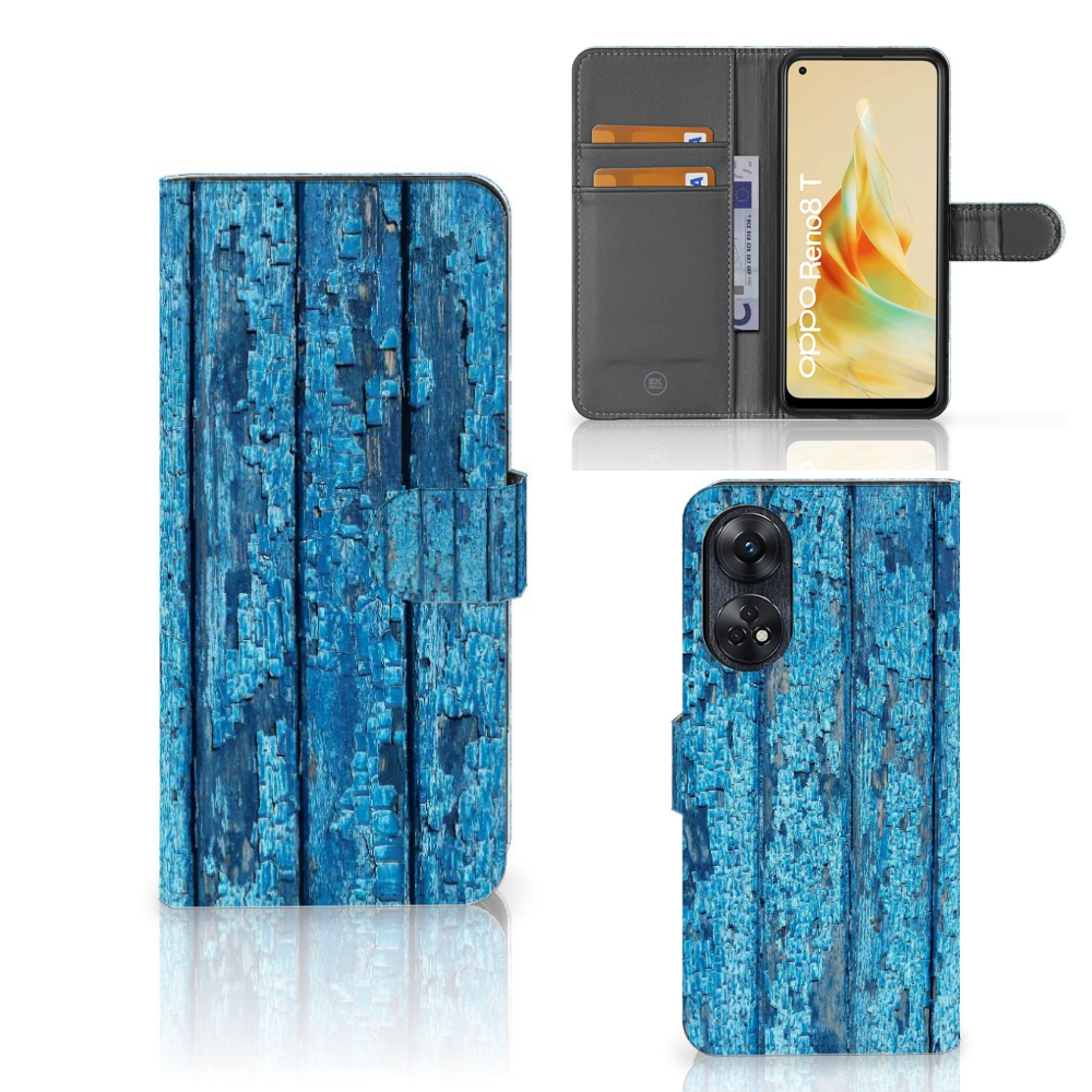 OPPO Reno8 T 4G Book Style Case Wood Blue boekhoesje blauw afgebladderd hout voorzijde zijkant