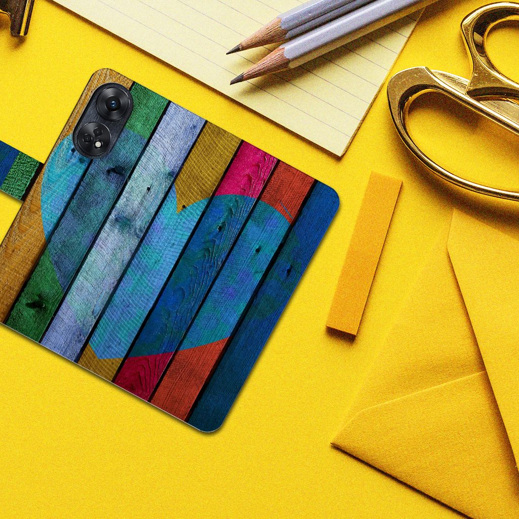 OPPO Reno8 T 4G Book Style Case Wood Heart ontwerp hout hart aanzicht