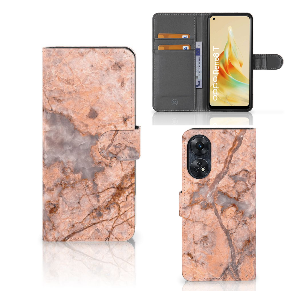 OPPO Reno8 T 4G Bookcase Marmer Oranje boekcase design marmer voorkant achterkant