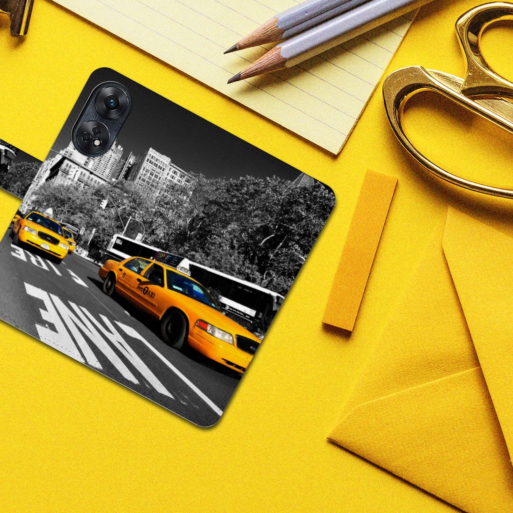 OPPO Reno8 T 4G Flip Cover New York Taxi hoesje taxi straat zwart wit
