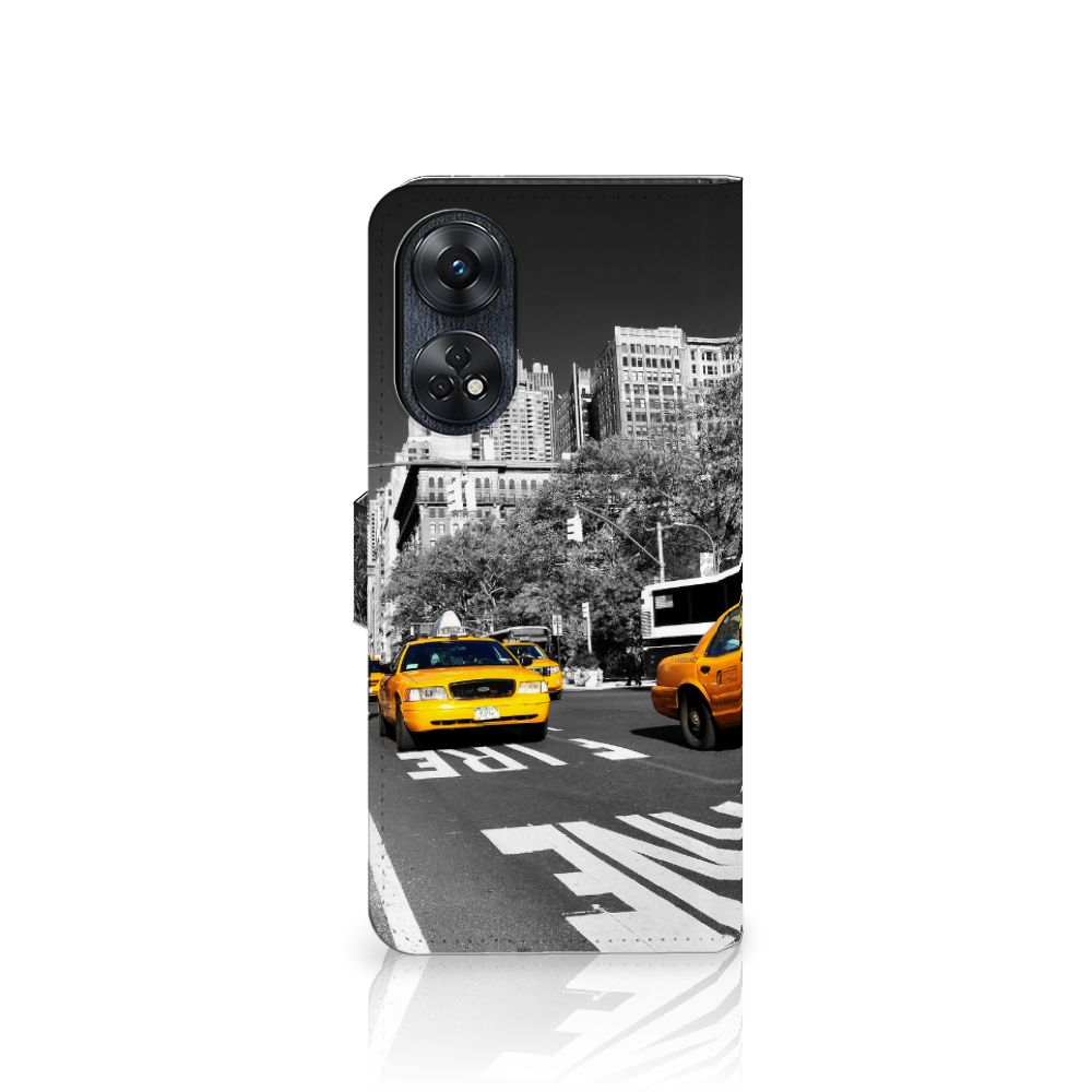 OPPO Reno8 T 4G Flip Cover New York Taxi hoesje zwart wit taxi aanzicht