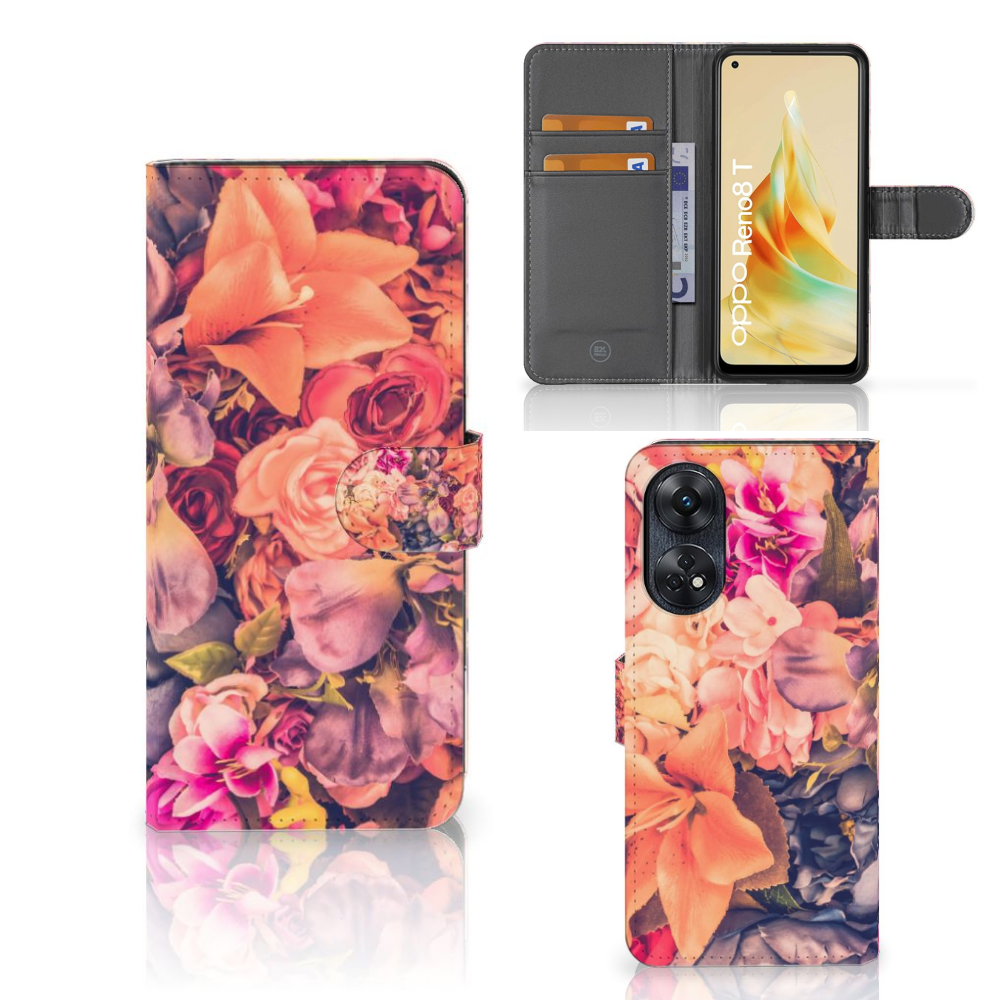 OPPO Reno8 T 4G Hoesje Bosje Bloemen boekhoesje bloemen design vooraanzicht zijaanzicht