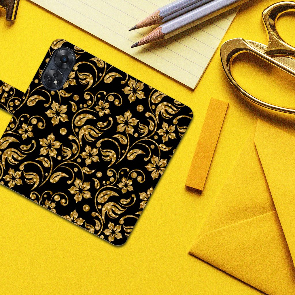 OPPO Reno8 T 4G Hoesje Gouden Bloemen telefoonhoesje bloemen zwart