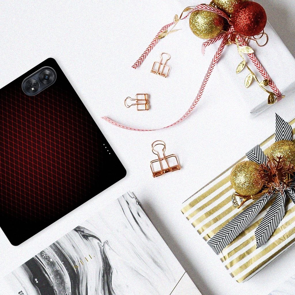 OPPO Reno8 T 4G Hoesje met Magneet Geruit Rood op een tafel met cadeaus en decoraties 🎁.