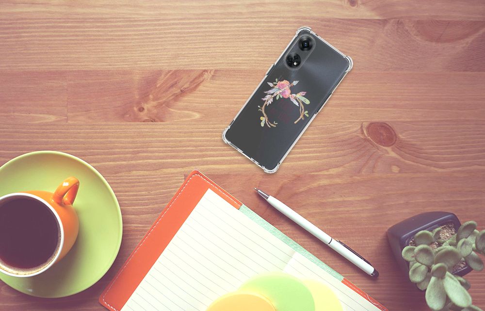 OPPO Reno8 T 4G Stevig Bumper Hoesje Boho Text bovenaanzicht werkruimte