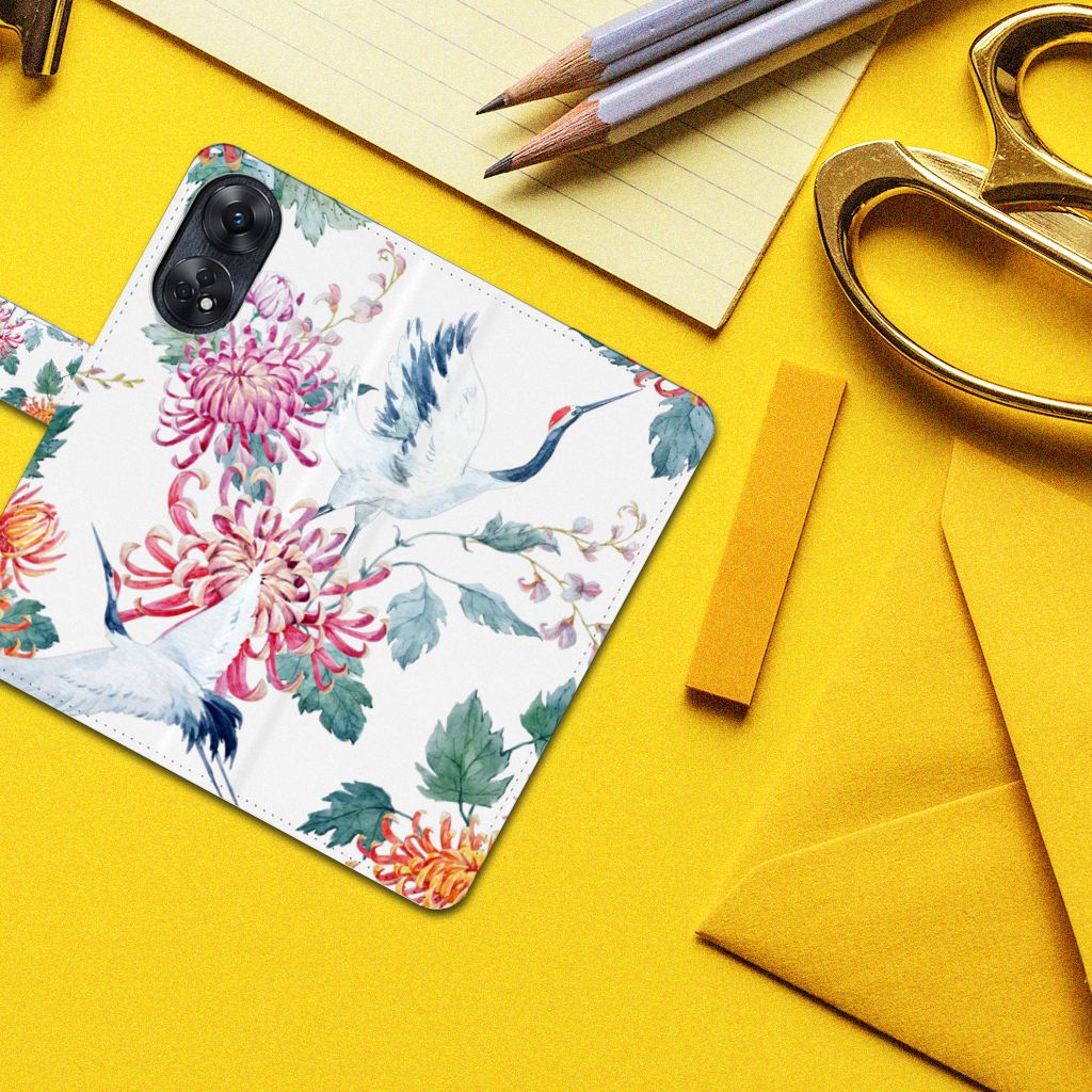 OPPO Reno8 T 4G Telefoonhoesje met Pasjes Bird Flowers design bloemen ooievaars bovenaanzicht