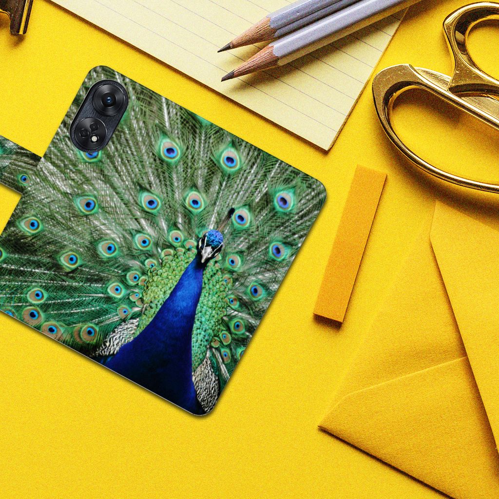 OPPO Reno8 T 4G Telefoonhoesje met Pasjes Pauw design pauw aanzicht