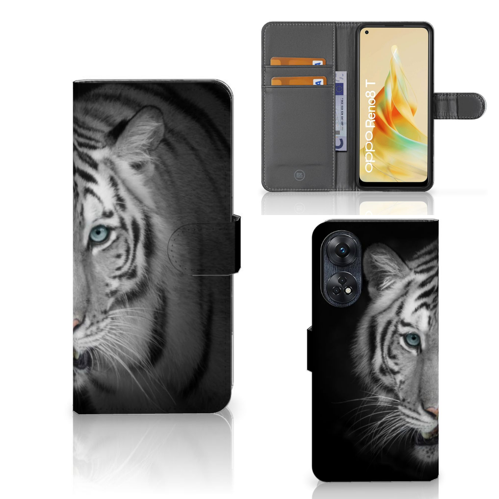 OPPO Reno8 T 4G Telefoonhoesje met Pasjes Tijger telefoonhoesje tijger design voorzijde zijaanzicht
