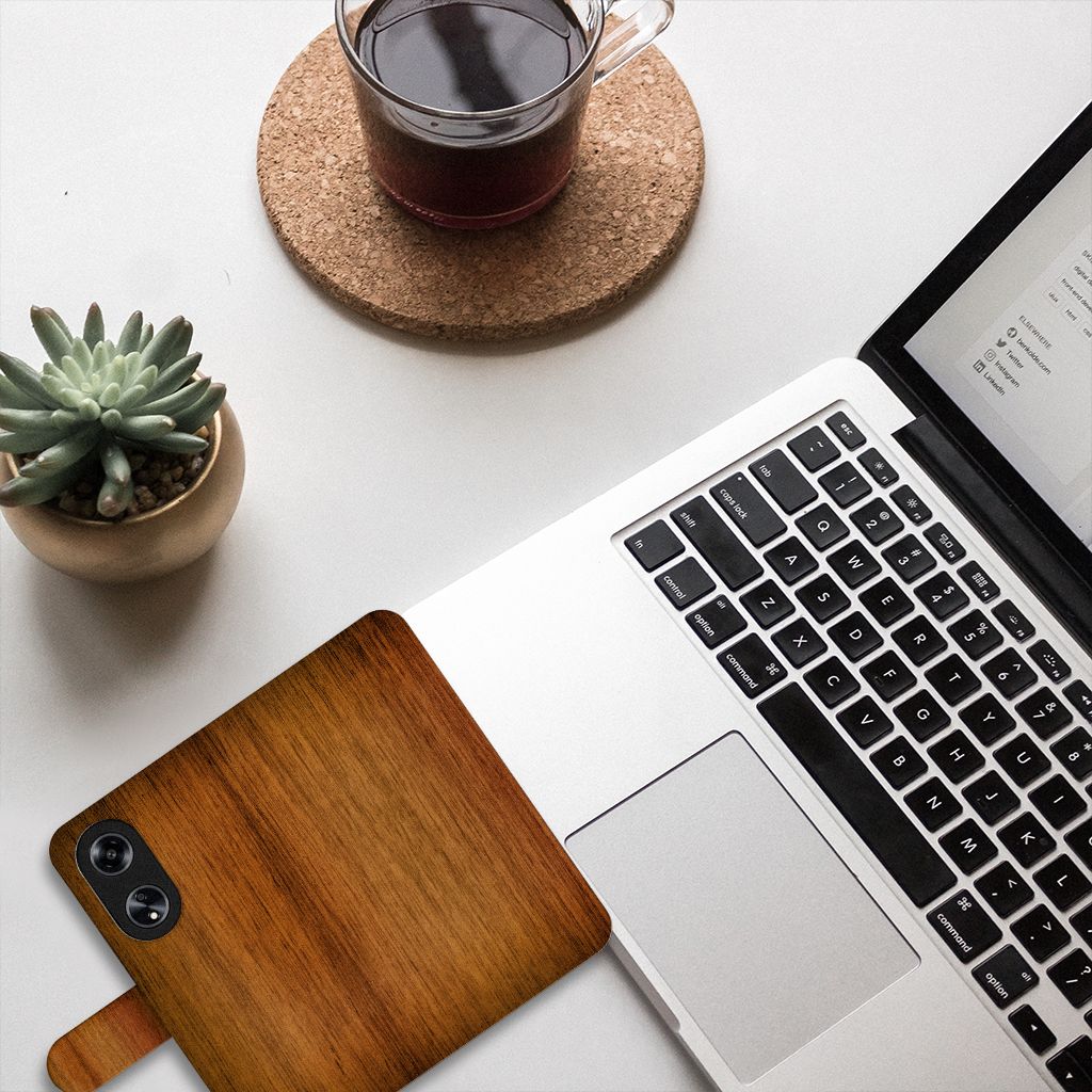 OPPO Reno8 T 5G Book Style Case Donker Hout design houtprint aanzicht