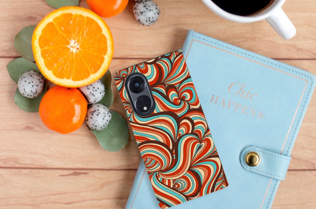 OPPO Reno8 T 5G Bookcase Retro met kleurrijke retro print, biedt bescherming en gebruiksgemak. Perfect als cadeau! 🍊