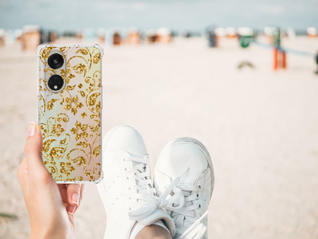 OPPO Reno8 T 5G Case Gouden Bloemen design hand strand aanzicht