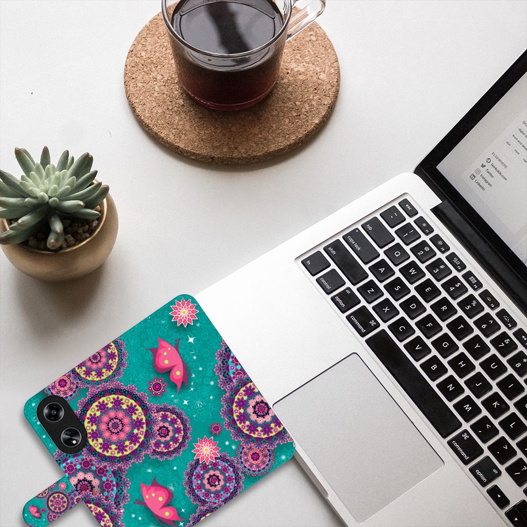 OPPO Reno8 T 5G Hoesje Cirkels en Vlinders design kleurrijke mandala op bureau