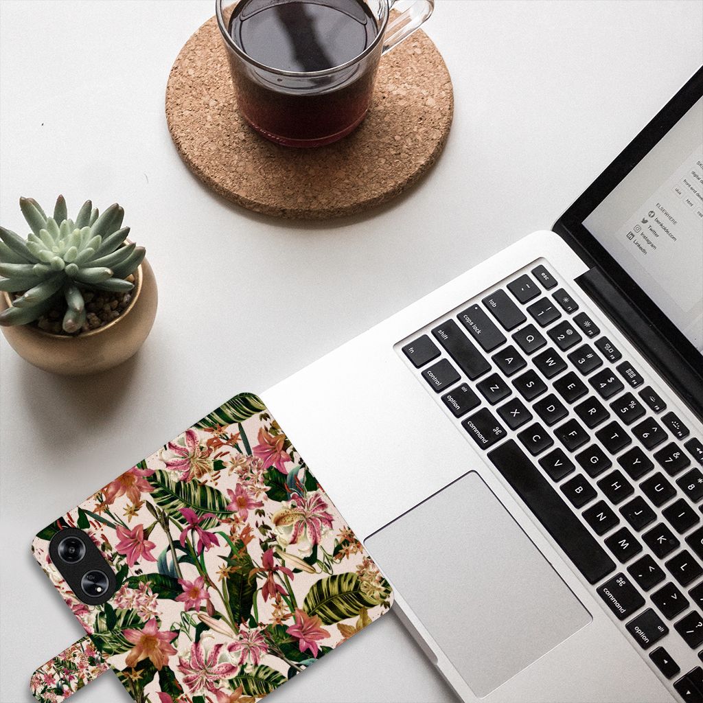 OPPO Reno8 T 5G Hoesje Flowers telefoonhoesje bloemen tropisch aanzicht