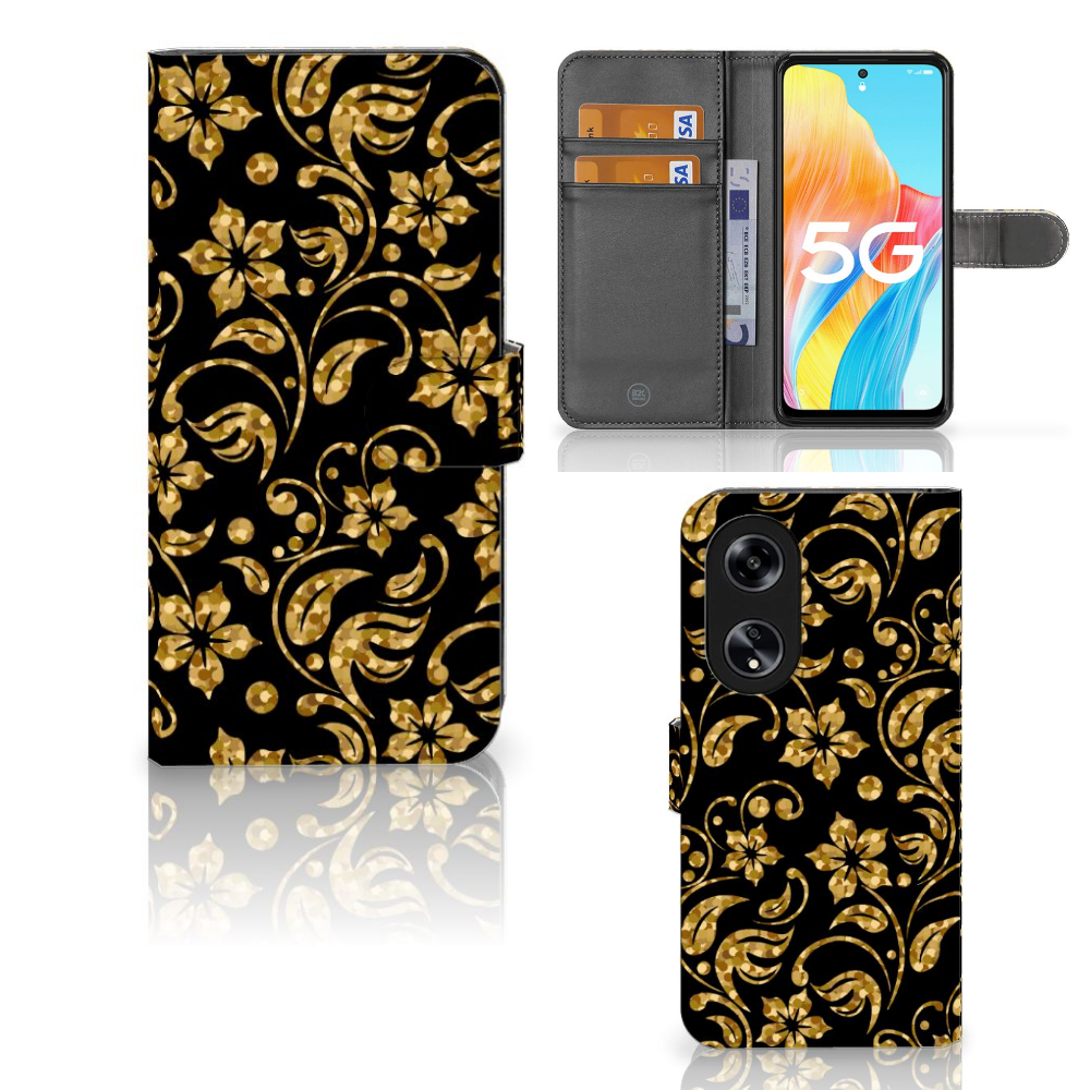 OPPO Reno8 T 5G Hoesje Gouden Bloemen hoesje bloemen goud voorkant achterkant binnenzijde