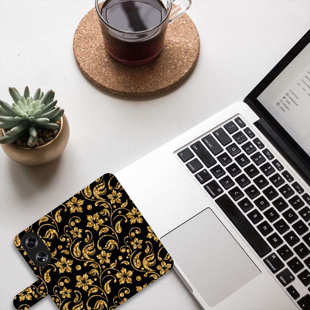 OPPO Reno8 T 5G Hoesje Gouden Bloemen zwart goud design bovenaanzicht