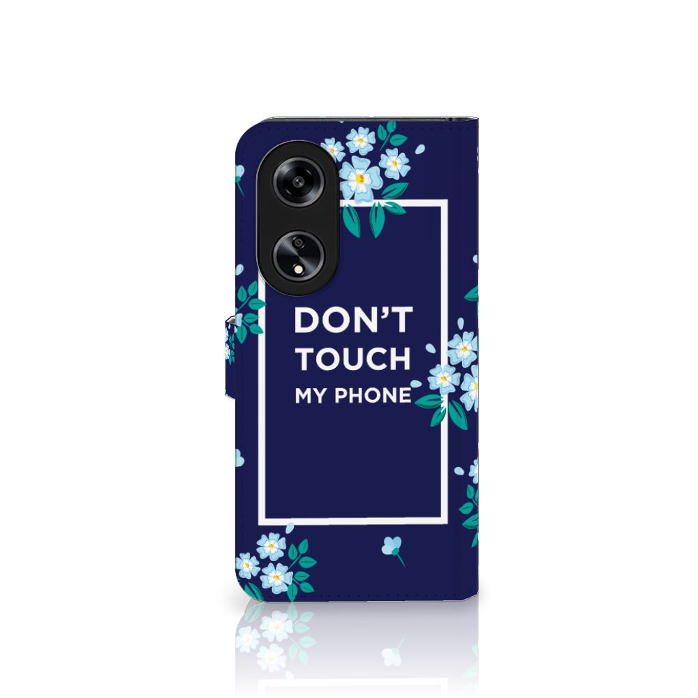 OPPO Reno8 T 5G Portemonnee Hoesje Flowers Blue DTMP met bloemen en tekst "DON'T TOUCH MY PHONE".