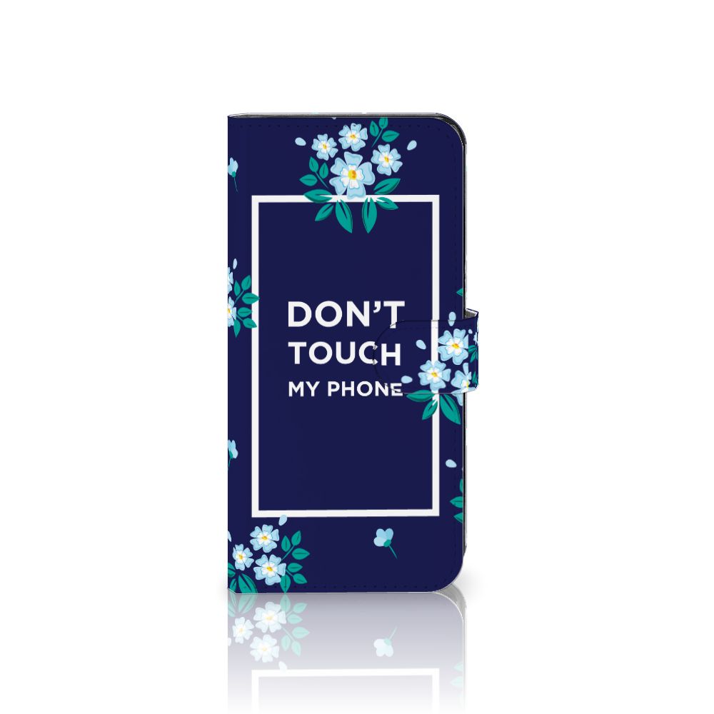 OPPO Reno8 T 5G Portemonnee Hoesje Flowers Blue DTMP met bloemenontwerp en de tekst "DON'T TOUCH MY PHONE" 🌸