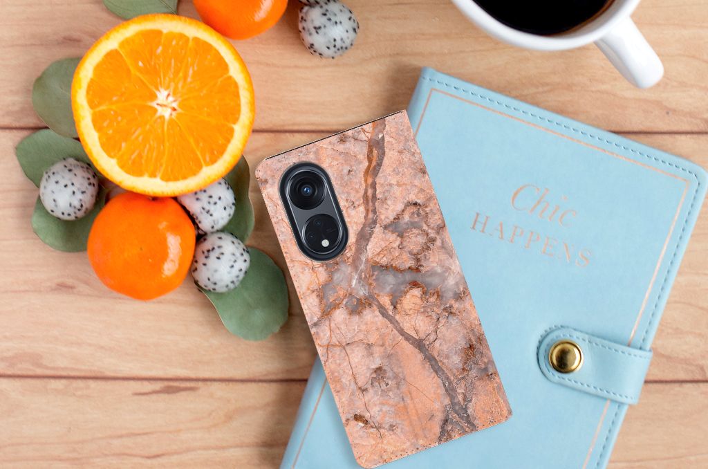 OPPO Reno8 T 5G Standcase Marmer Oranje design marmer oranje aanzicht