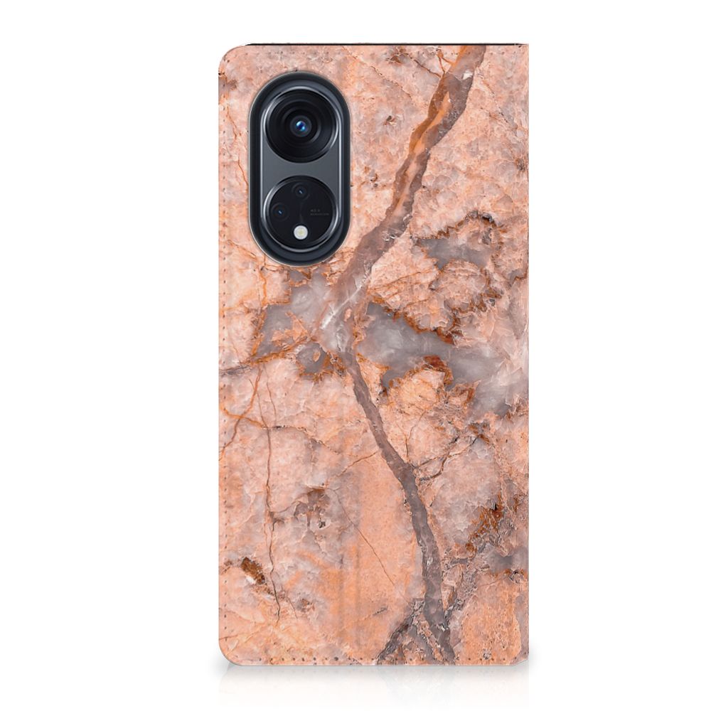 OPPO Reno8 T 5G Standcase Marmer Oranje designhoesje oranjemarmeren aanzicht