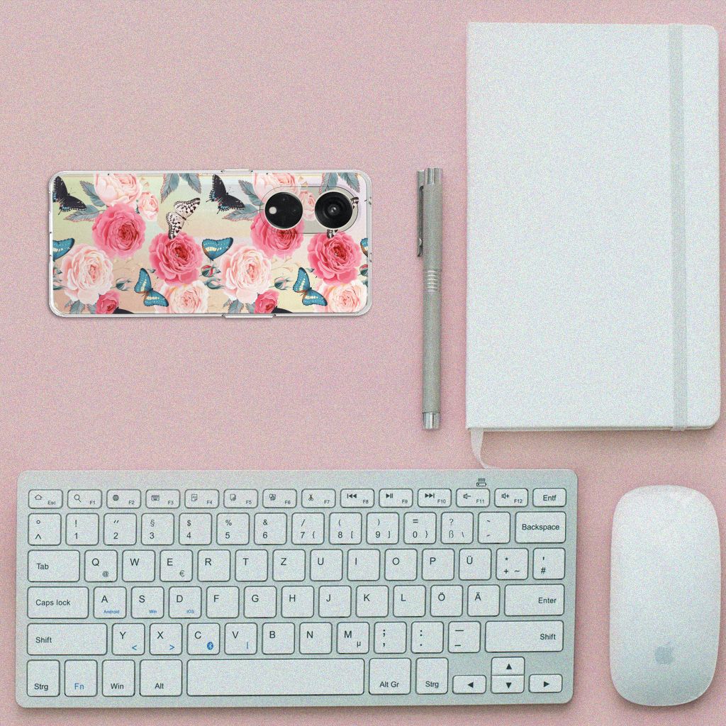 OPPO Reno8 T 5G TPU Case Butterfly Roses bovenaanzicht toetsenbord notitieboek pen muis