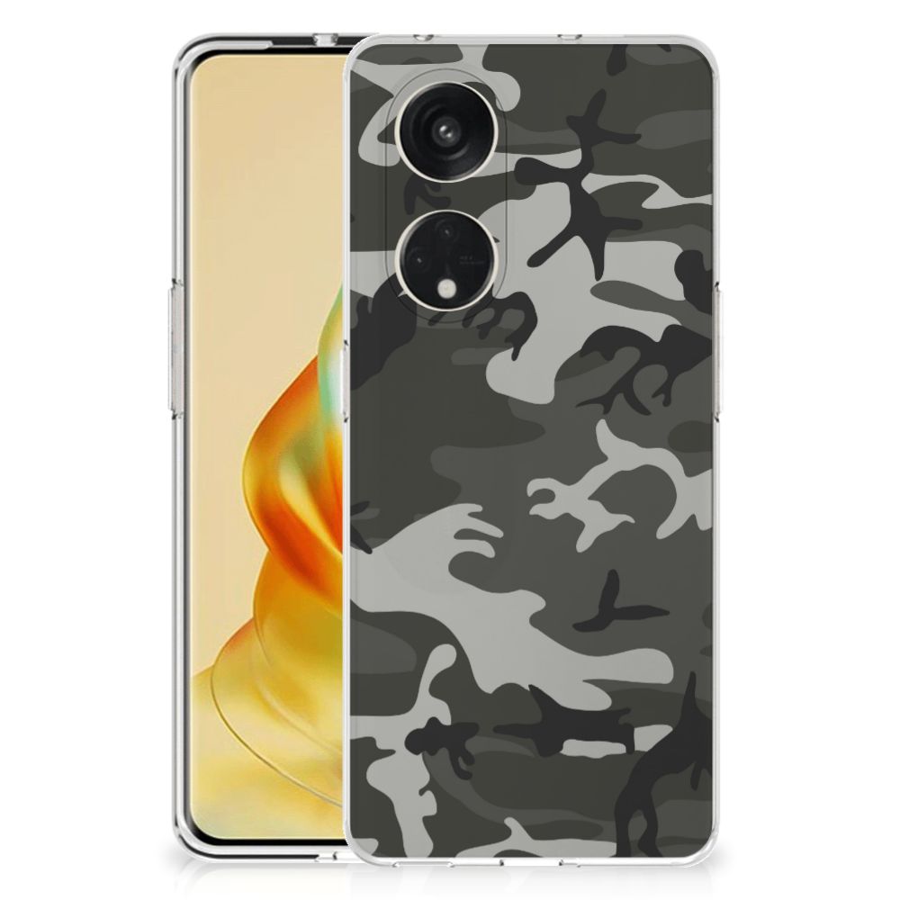 OPPO Reno8 T 5G TPU bumper Army Light met een stijlvolle camouflageprint voor bescherming en gebruiksgemak.