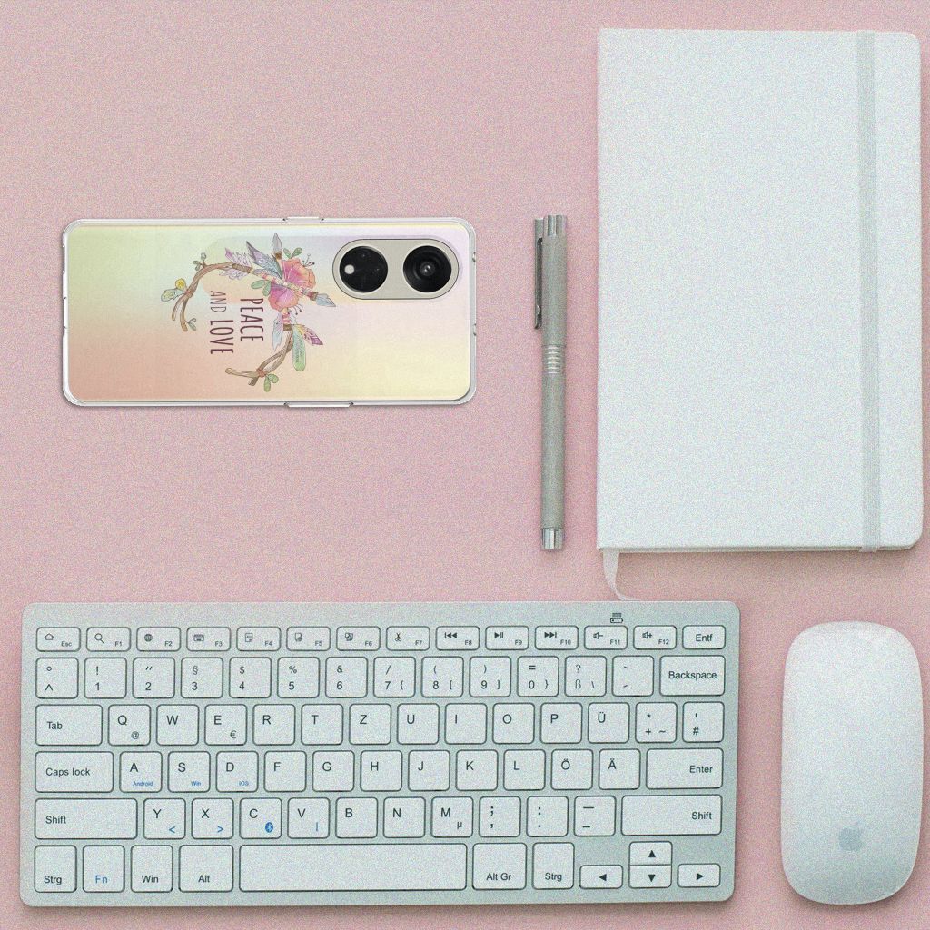 OPPO Reno8 T 5G Telefoonhoesje met Naam Boho Text bovenaanzicht accessoires bureau