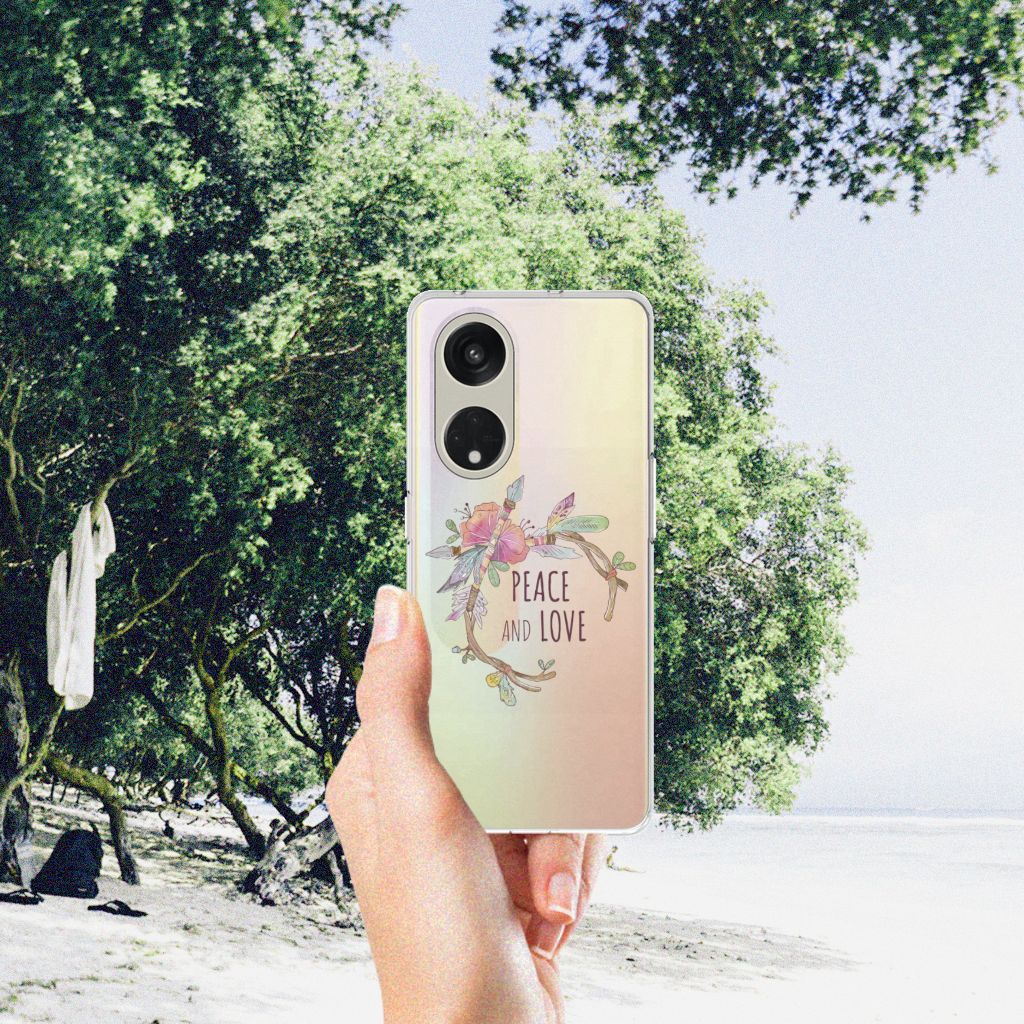 OPPO Reno8 T 5G Telefoonhoesje met Naam Boho Text design PEACE AND LOVE aanzicht