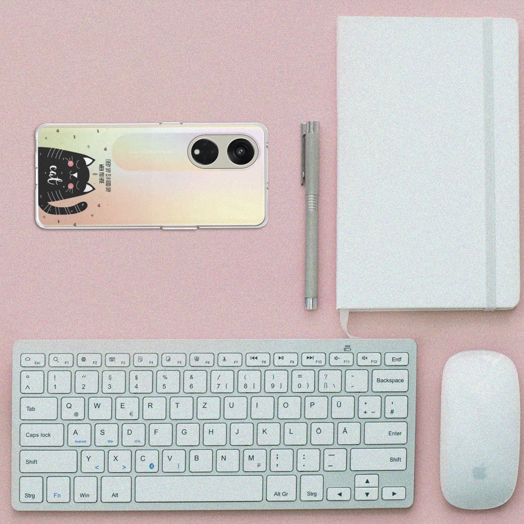 OPPO Reno8 T 5G Telefoonhoesje met Naam Cat Good Day top view toetsenbord notitieboek pen muis
