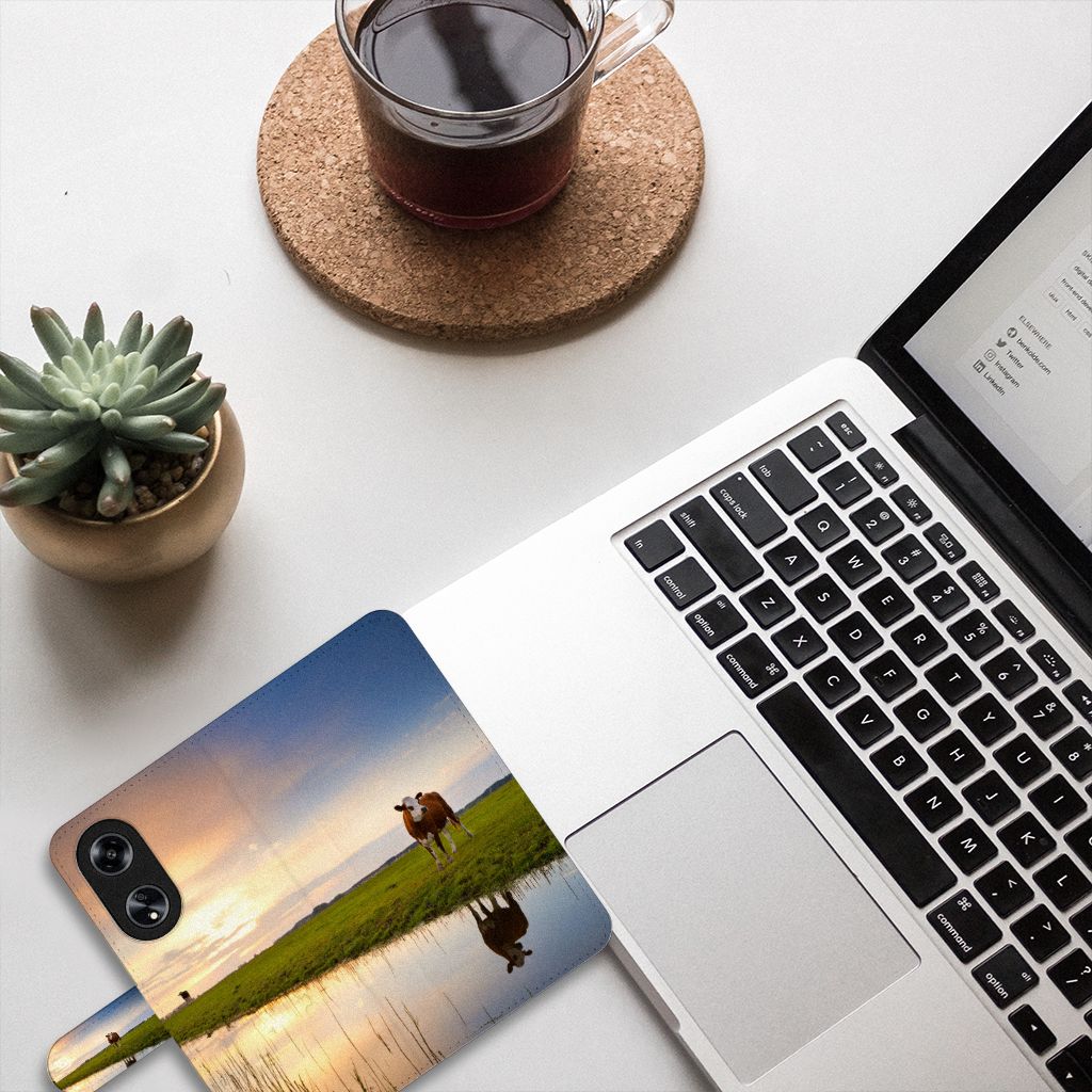 OPPO Reno8 T 5G Telefoonhoesje met Pasjes Koe telefoonhoesje koeien natuur aanzicht