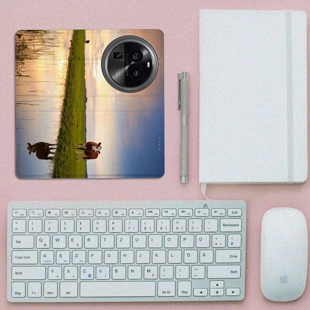 OPPO X6 Pro Hoesje maken Koe met koeien en ondergang van de zon, ideaal als cadeau voor bescherming en stijl.