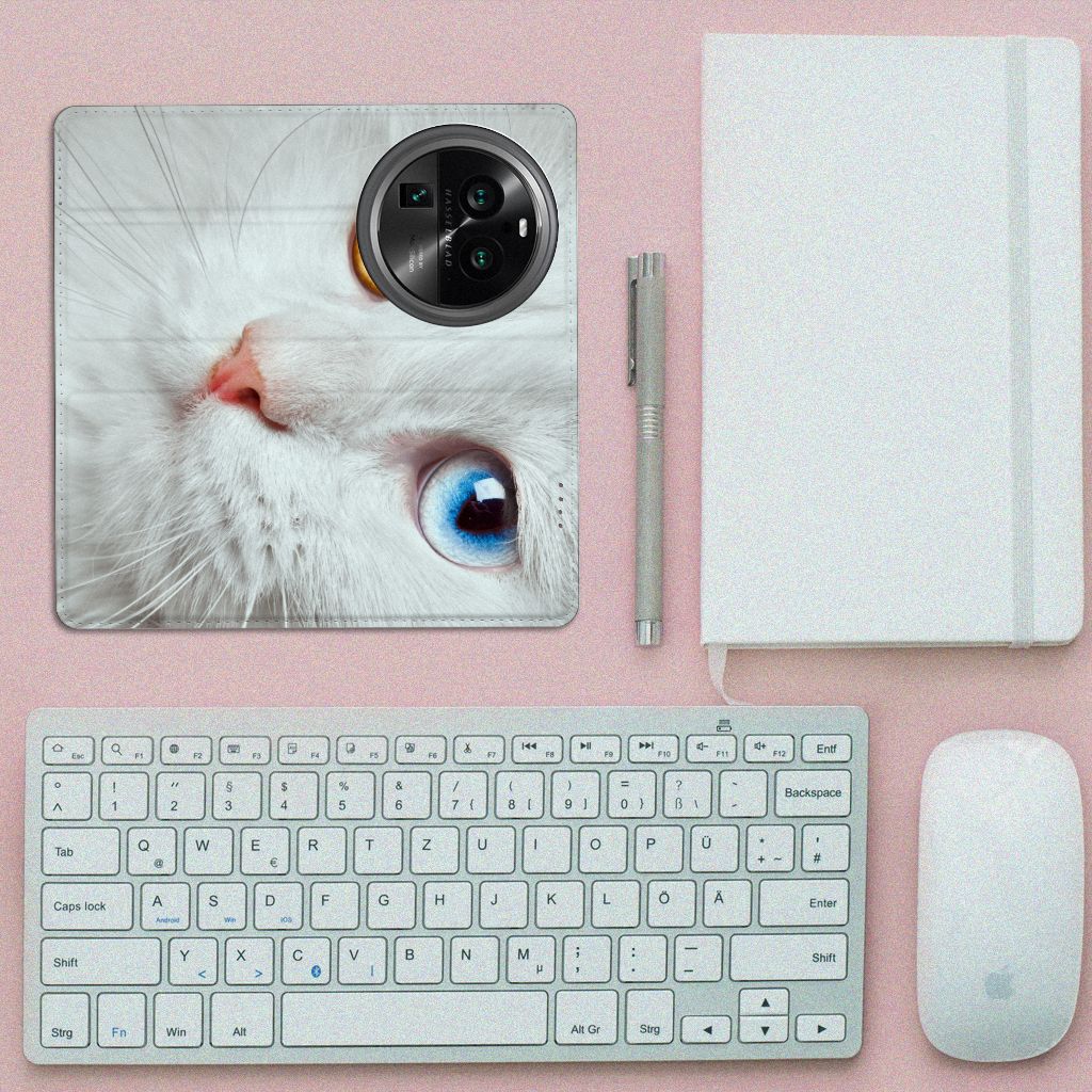 OPPO X6 Pro Hoesje maken Witte Kat design hoesje bovenaanzicht