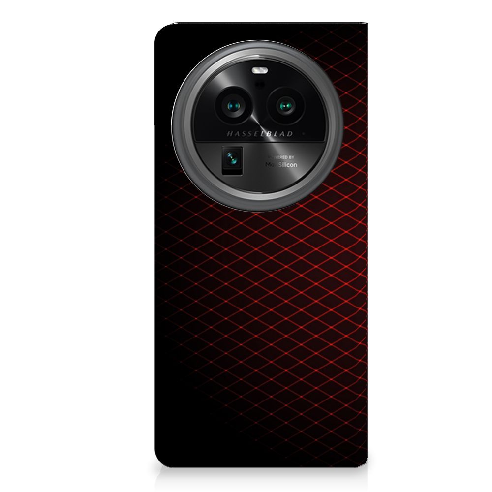 OPPO X6 Pro Hoesje met Magneet Geruit Rood op een zwarte achtergrond, biedt stijl en bescherming.