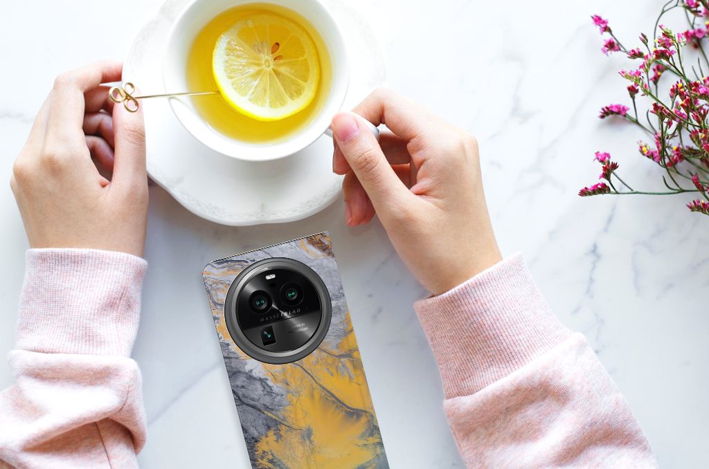 OPPO X6 Pro Standcase Marble Blue Gold designnaam bovenaanzicht