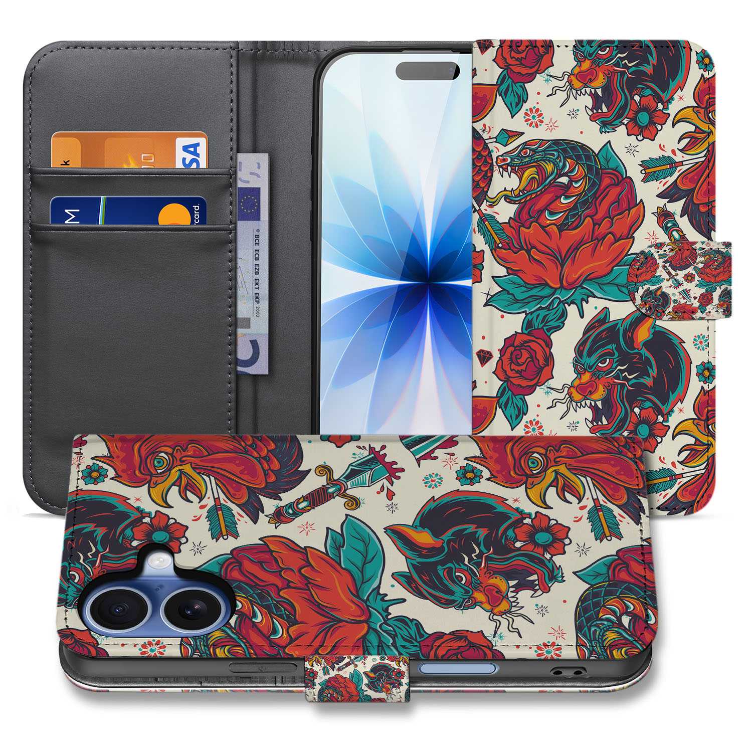 Old Skool Hoesje voor iPhone 17 Book Case tattoo print voorzijde
