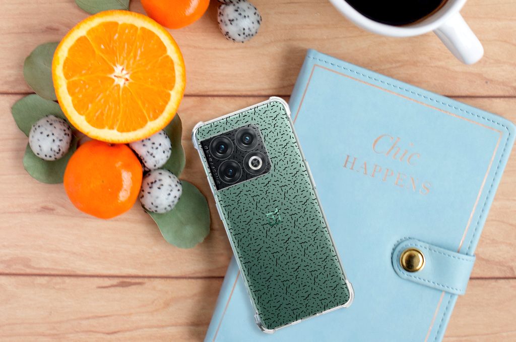 OnePlus 10 Pro Doorzichtige Silicone Hoesje Stripes Dots achteraanzicht met fruit en notitieboek