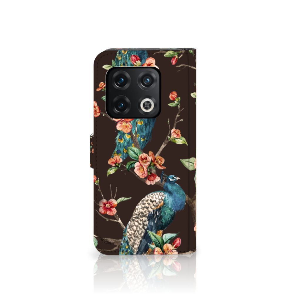OnePlus 10 Pro Telefoonhoesje met Pasjes Pauw met Bloemen telefoonhoesje pauw bloemen voorkant