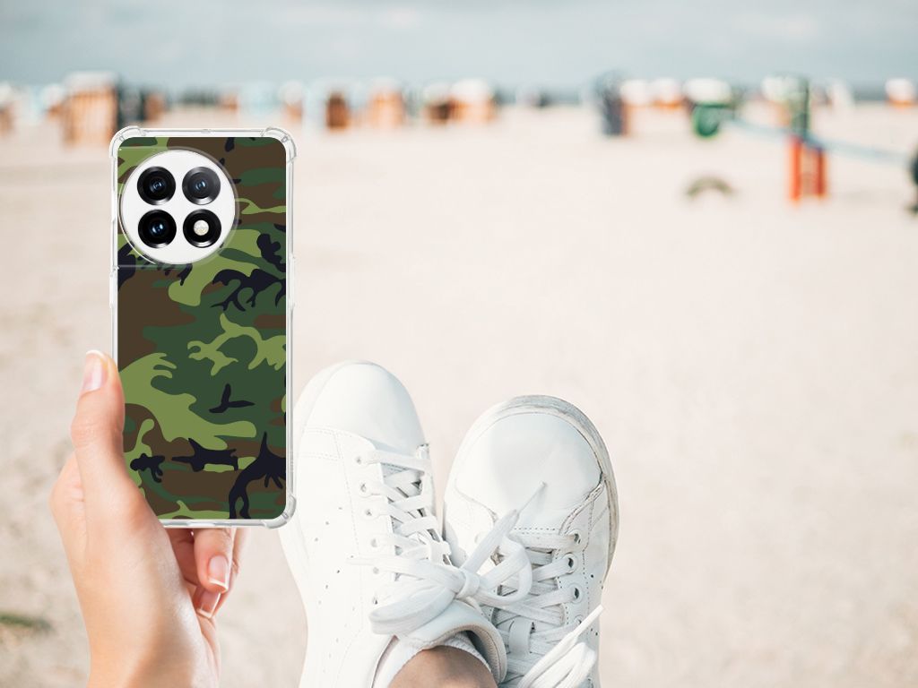 OnePlus 11 Doorzichtige Silicone Hoesje Army Dark design camouflage aanzicht