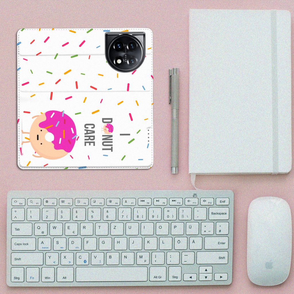 OnePlus 11 Flip Style Cover Donut Roze design cartoon bovenaanzicht