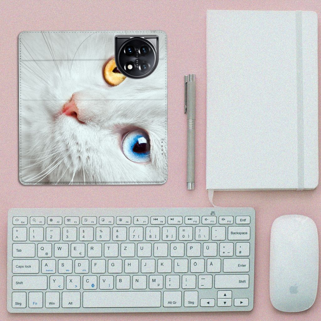 OnePlus 11 Hoesje maken Witte Kat designhoesje witte kat aanzicht
