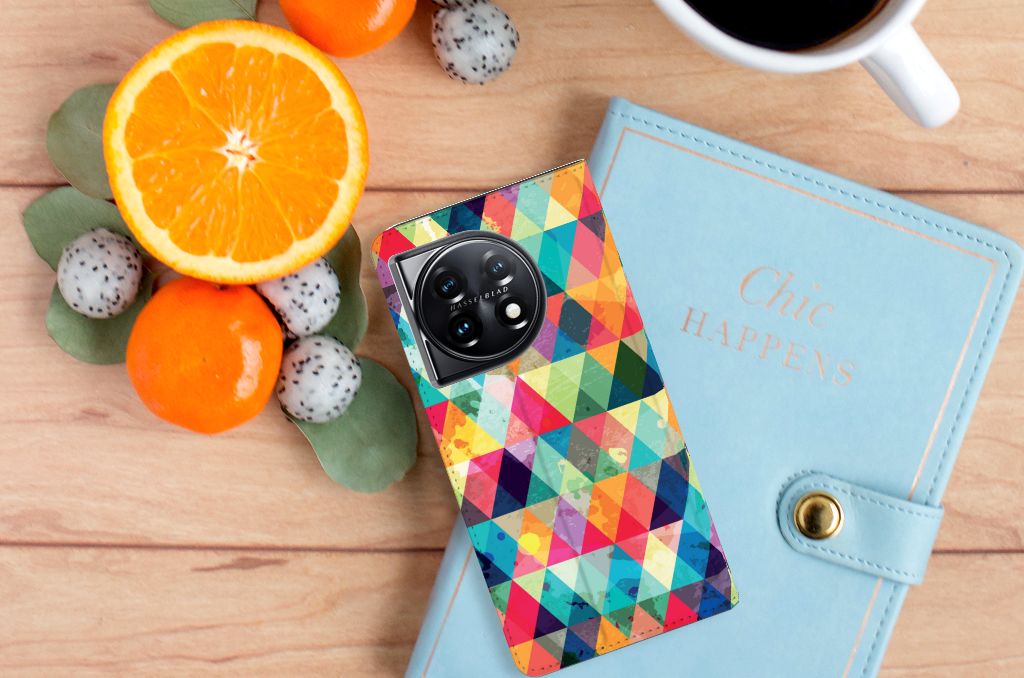 OnePlus 11 Hoesje met Magneet Geruit design kleurrijk aanzicht