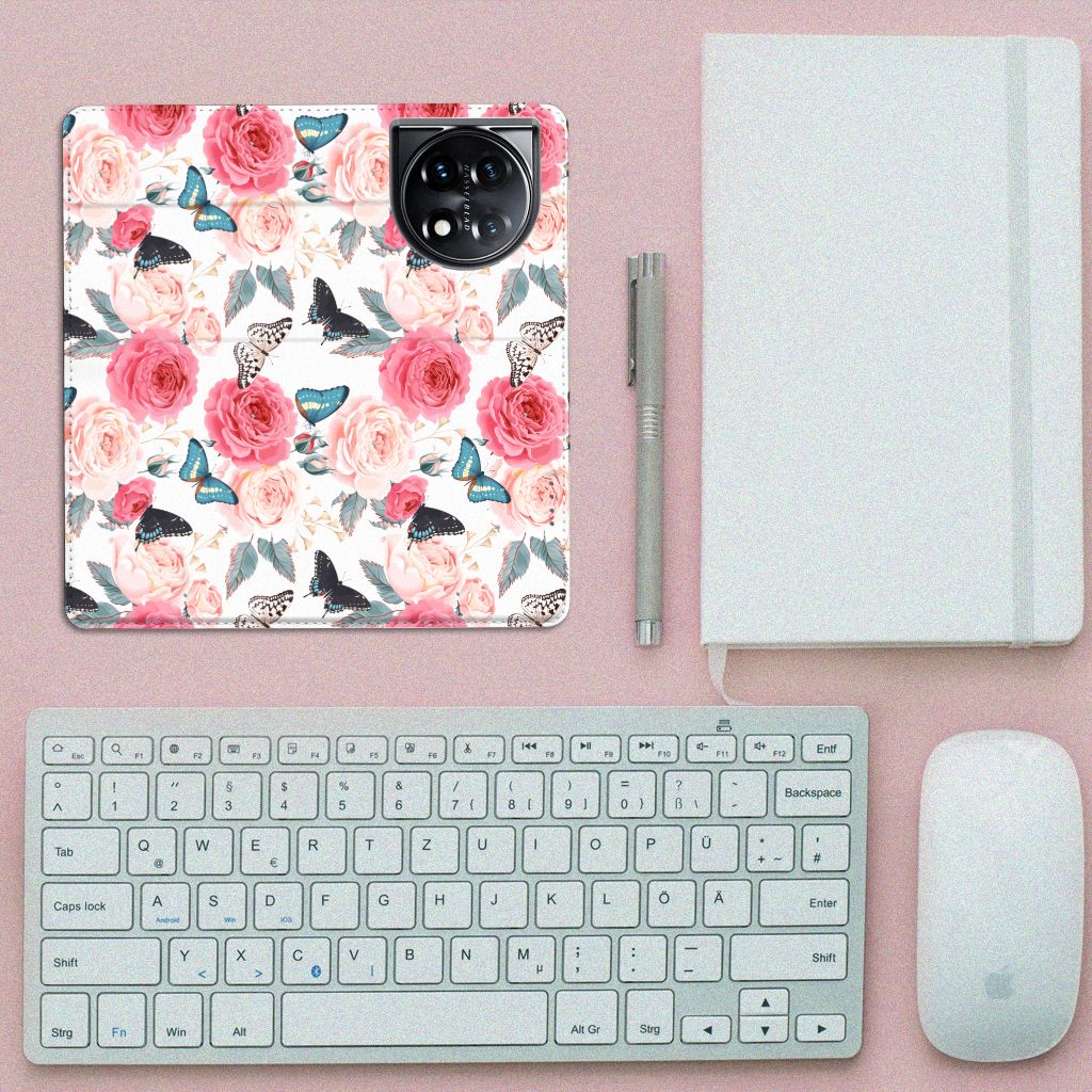 OnePlus 11 Smart Cover Butterfly Roses print bovenaanzicht