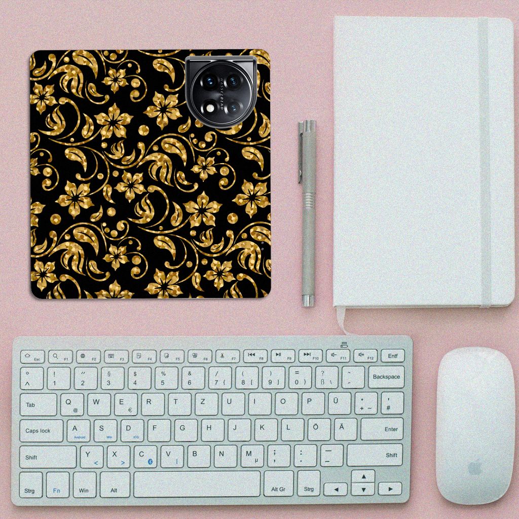OnePlus 11 Smart Cover Gouden Bloemen bloemen zwart design bovenaanzicht
