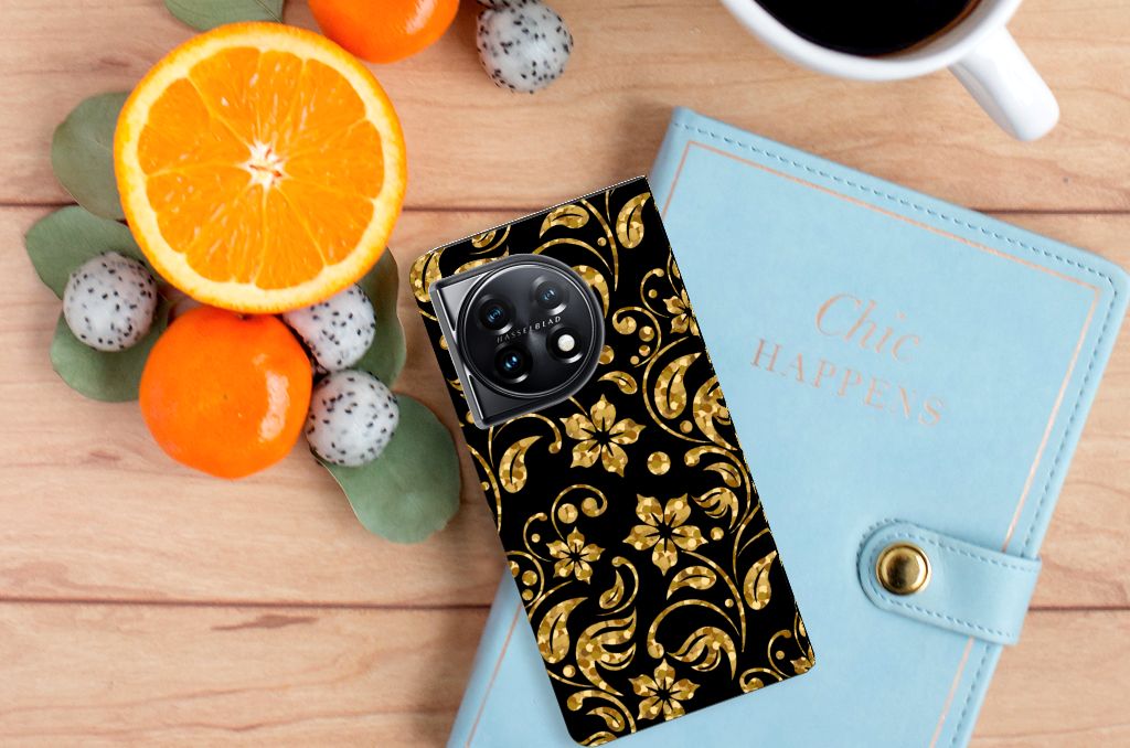 OnePlus 11 Smart Cover Gouden Bloemen telefoonhoesje zwart goud bloemen bovenaanzicht