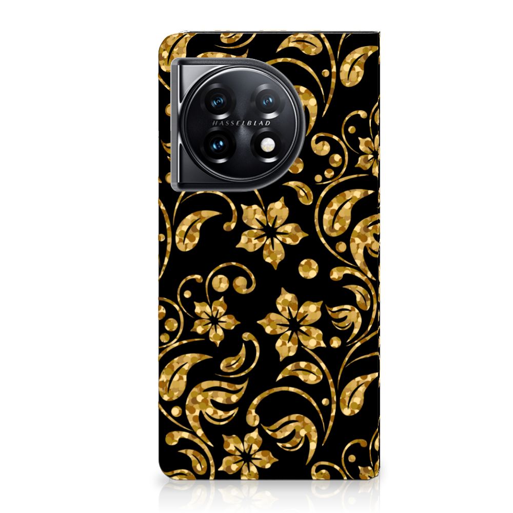 OnePlus 11 Smart Cover Gouden Bloemen telefoonhoesje bloemen design voorkant