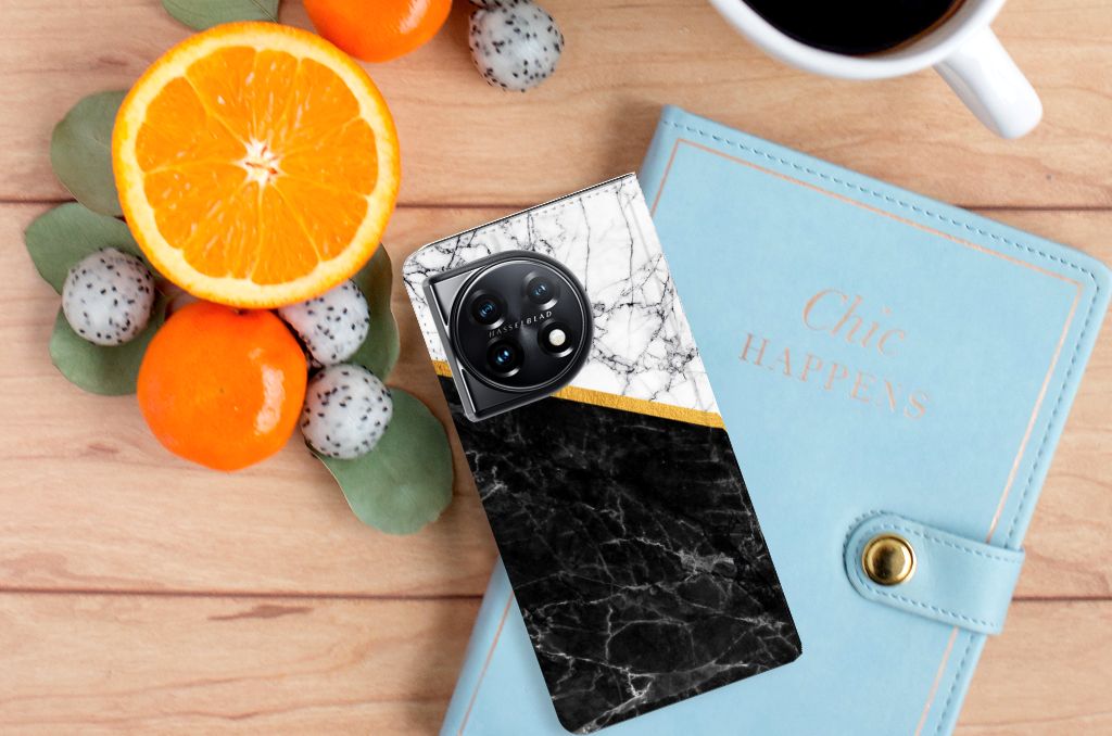 OnePlus 11 Standcase Marmer Wit Zwart Origineel Cadeau Man ontwerp bovenaanzicht