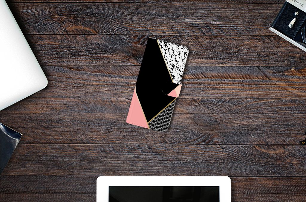 OnePlus 12 Book Case Zwart Roze Vormen geometrisch bovenaanzicht