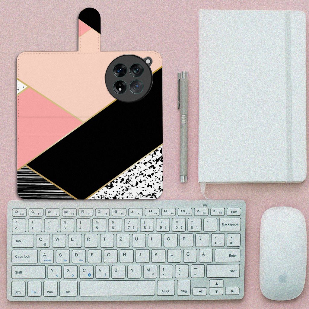 OnePlus 12 Book Case Zwart Roze Vormen geometrisch ontwerp bovenaanzicht