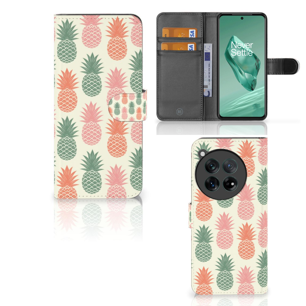 OnePlus 12 Book Cover Ananas met kleurrijke ananasprint, biedt gebruiksgemak, bescherming en stijl 🍍.
