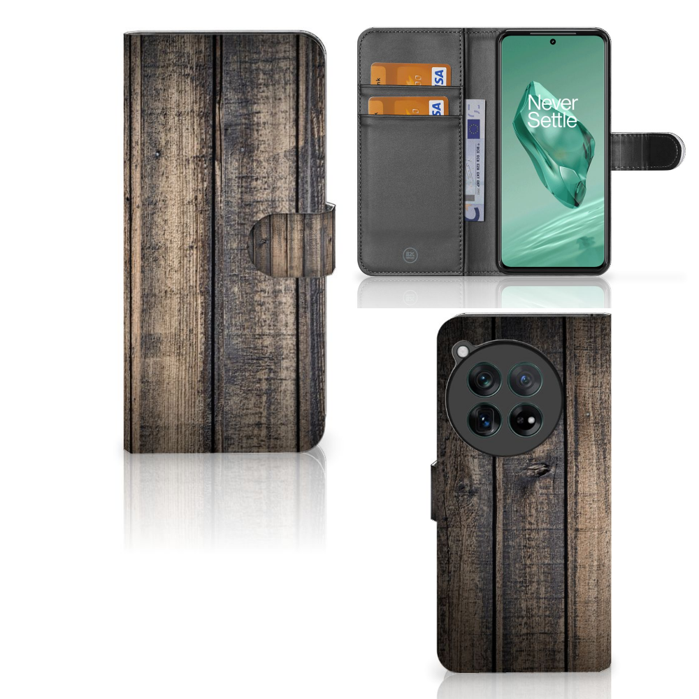 OnePlus 12 Book Style Case Steigerhout met ruimte voor 3 pasjes en houten uitstraling 🌳