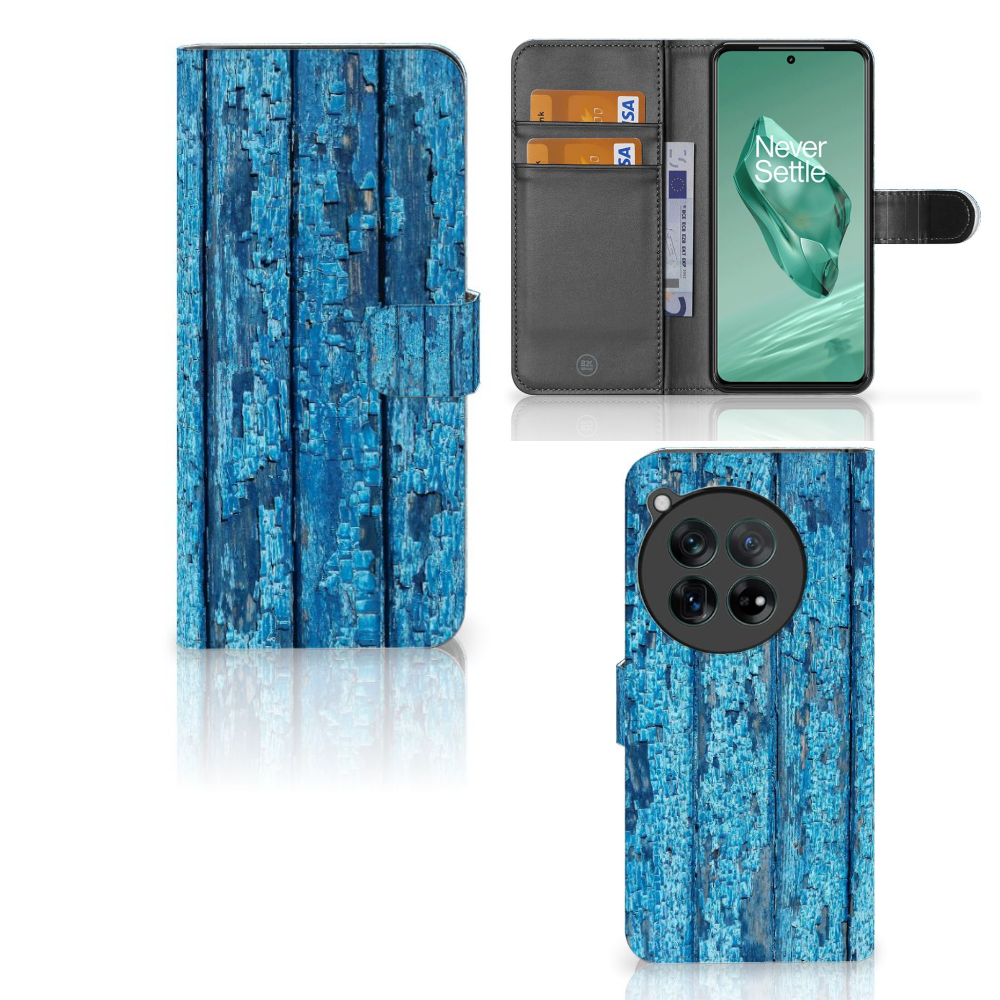 OnePlus 12 Book Style Case Wood Blue boekhoes afgebladderd blauw hout voorzijde achterkant